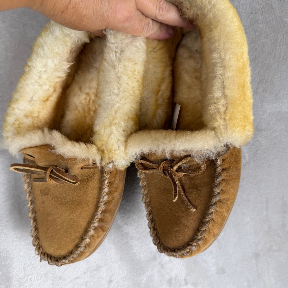 LL Bean Wicked Good Moccasins Womens 8 Brown Suede Shearling Slippers 130484